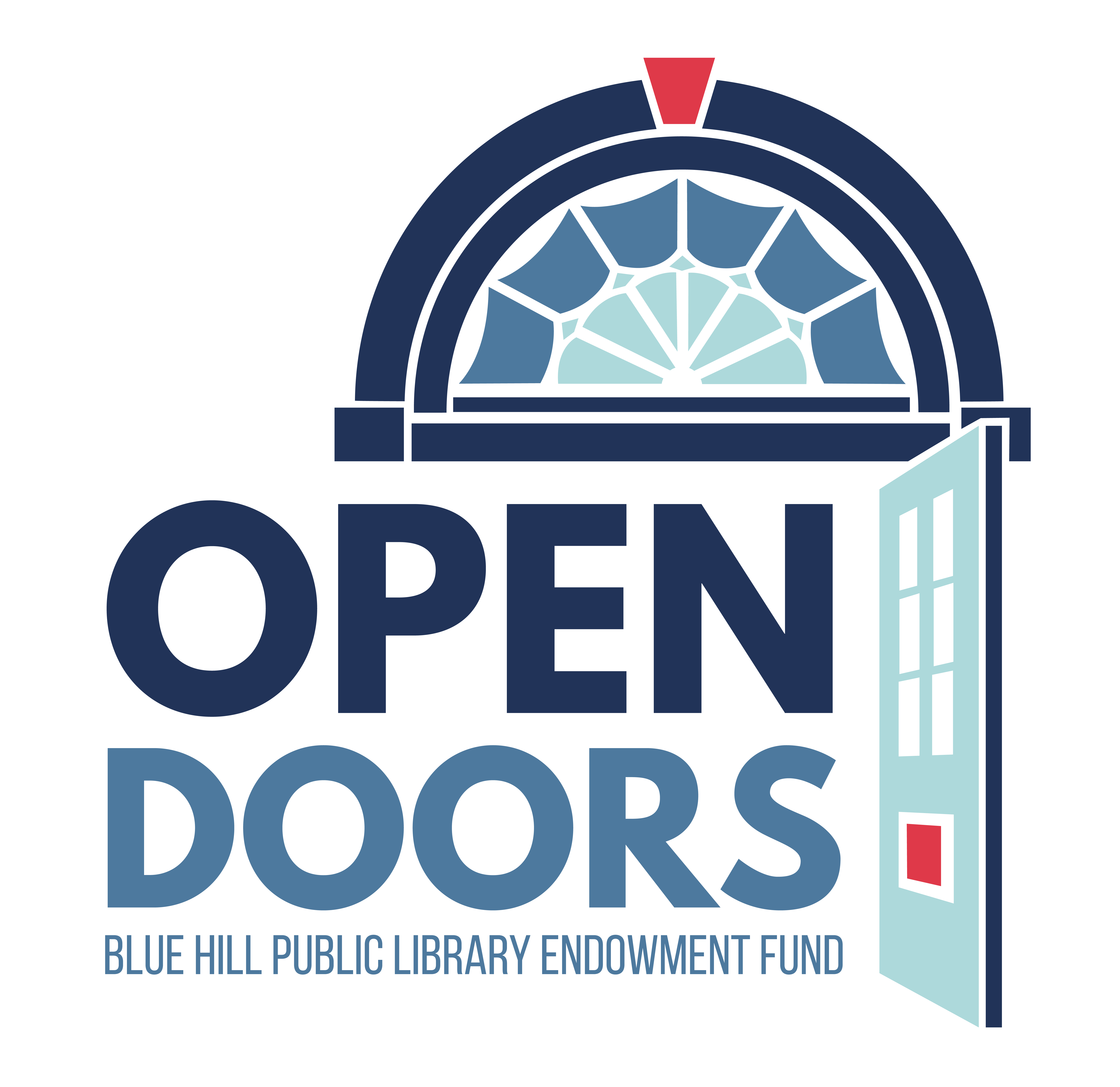 BHPL Open Doors logo. Image of doorway in blues and red with text that says Open Doors, Blue Hill Public Library Endowment Fund